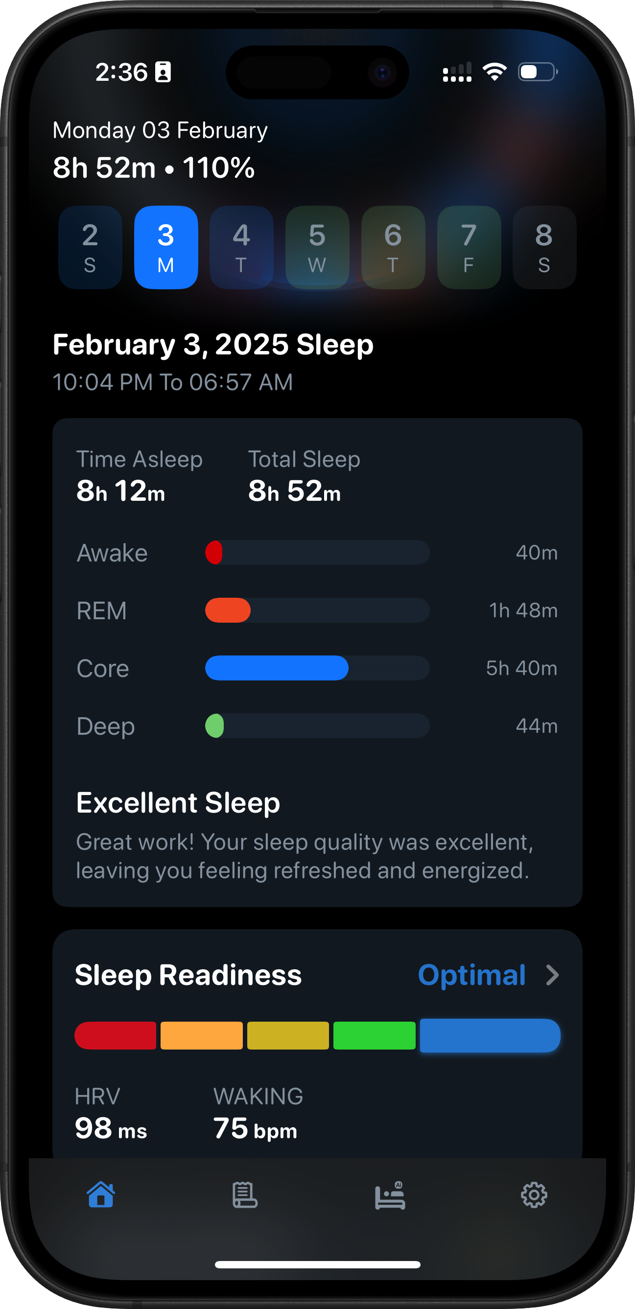 SleepMinder detailed sleep report