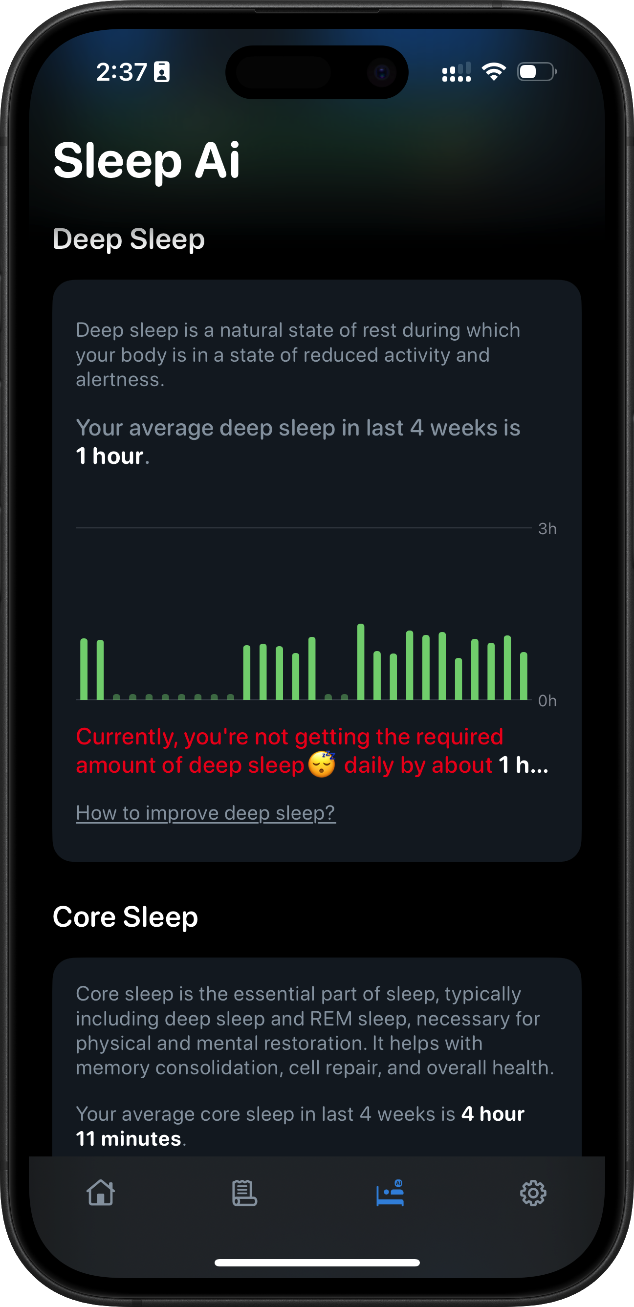 SleepMinder sleep history chart